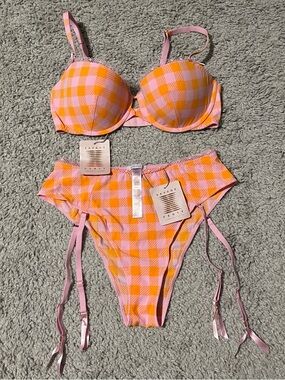 Savage X Fenty Pink & Orange Gingham Push-Up Bra with Matching High-Waist Panty